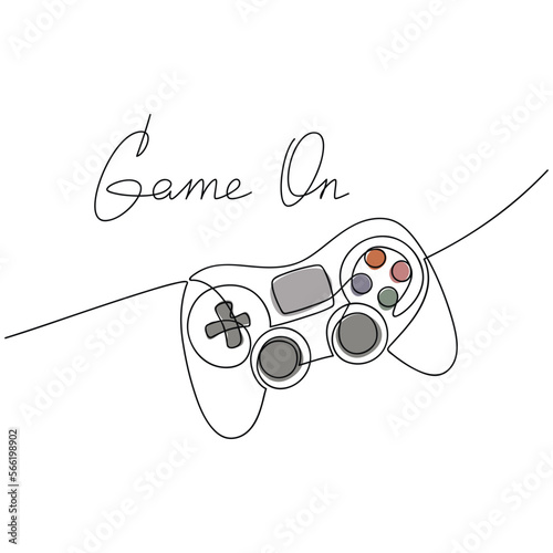 Video games console joystick vector one line continuous drawing. Text Game On. Lettering, phrase, quote, slogan. Hand drawn linear silhouette icon. Design for print, banner, wall art, poster, card.  photo