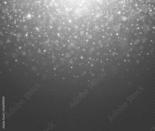 Glowing background of sparkles particles. Silver glitter light effect. Blurred bokeh twinkle on transparent background.