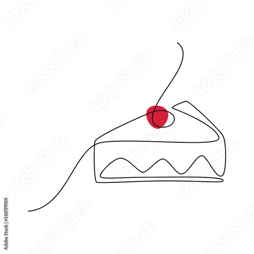 Piece of cake with red cherry vector one line continuous drawing illustration. Hand drawn linear silhouette icon. Minimal design element for print, banner, greeting card, brochure.