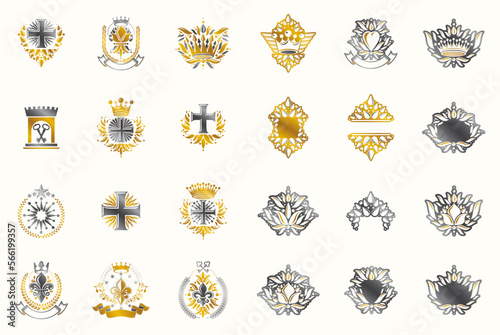 Classic style emblems big set, ancient heraldic symbols awards and labels collection, classical heraldry design elements, family or business emblems.
