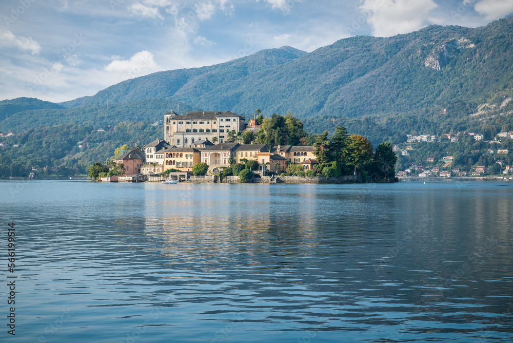 Orta lake and San Giulio island seen from the famous and picturesque town of Orta San Giulio, Italy