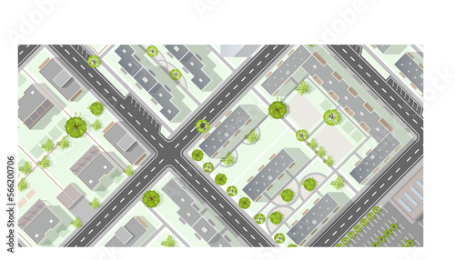 Top view of the city. Plan of town with crossroads, houses, roof, park. Cityscape aerial landscape from above. Background town map. Vector Landscape design plan. Highly detailed country map