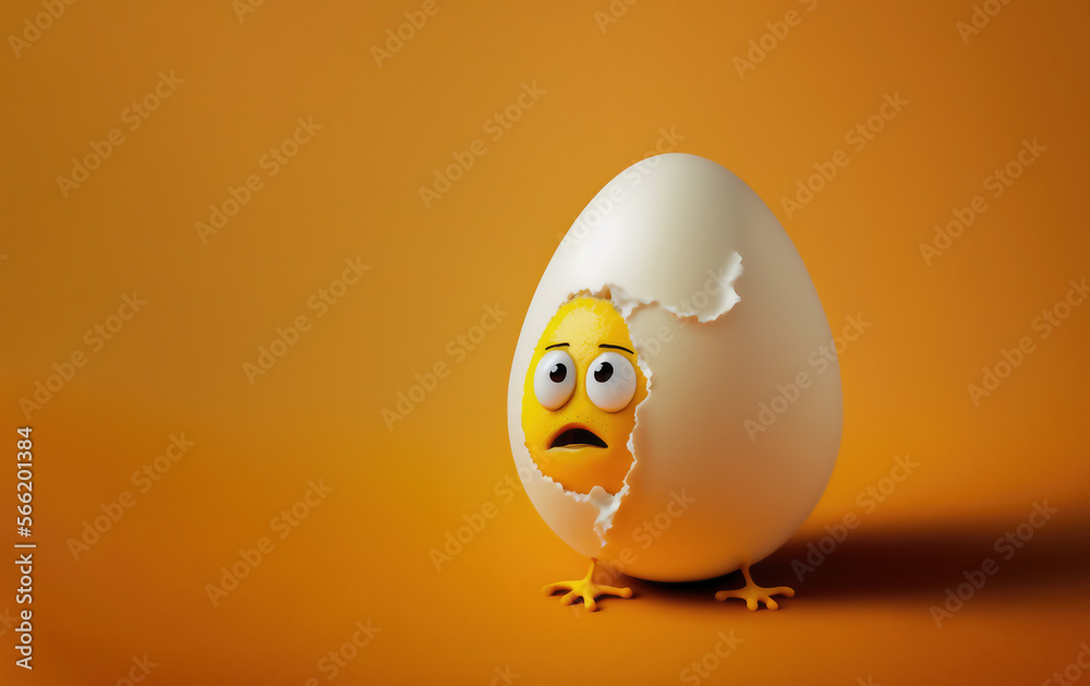 Fototapeta premium illustration of an egg on an orange background. the egg has hatched and the chick is surprised at what it sees outside. generative ai.