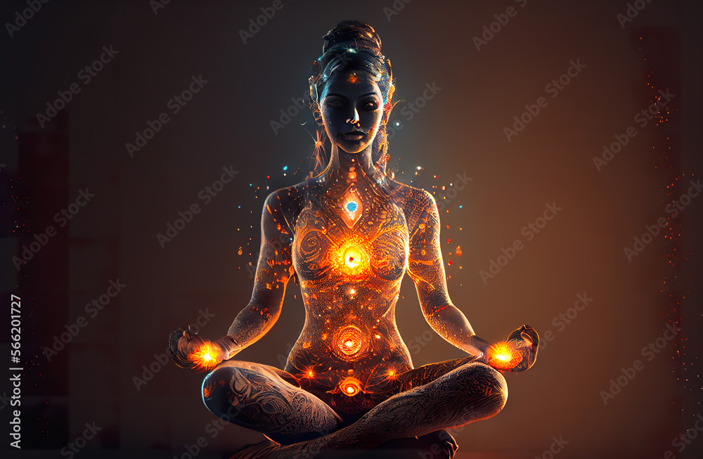 Woman in Sound healing therapy and yoga meditation and reiki healing , uses aspects of music to improve health and well being. can help your meditation and relaxation at home - obrazy, fototapety, plakaty 