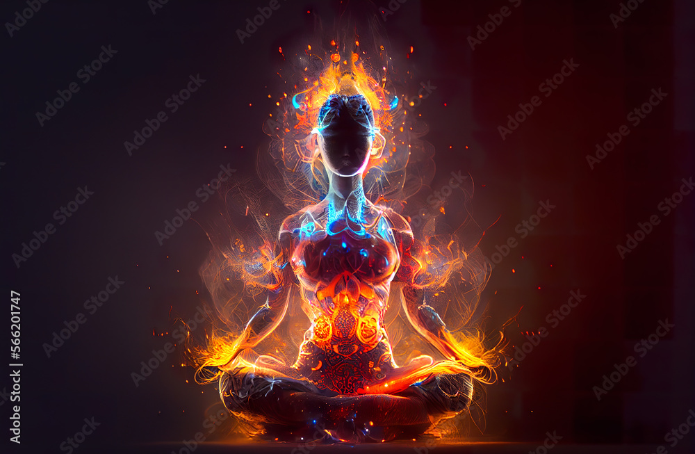  Surreal image of a woman in meditation, glowing with fiery chakras, promoting sound healing therapy, yoga, and mental health for stress relief and meditation Generative Ai     
