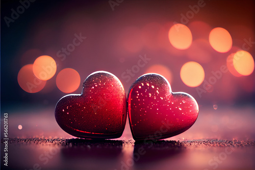 Valentines day: two romantic hearts in front of a bokeh background for falling in love