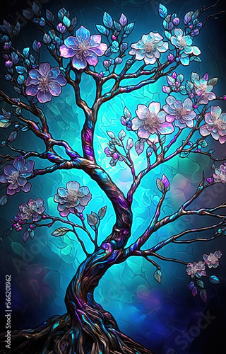 Shiny stained glass blossoming plum tree. Generative AI.
 photo