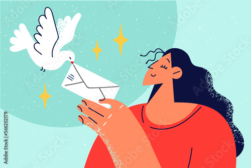 Smiling woman give envelope to dove