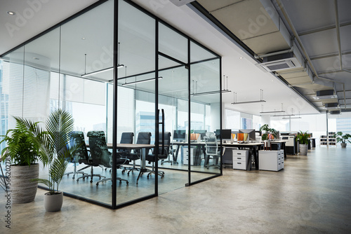 white color theme modern style office with exposed concrete floor and a lot of plant, 3d rendering