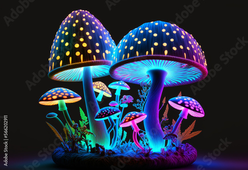 Ai-Generated 3D Neon Artistic Render of a Unique and Vibrant Psychedelic Fantasy: Illuminated Glowing Mushrooms in Bright Colorful Visuals