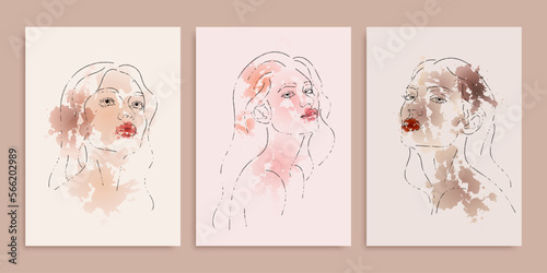 Elegant line art sketches of a female abstract face. Drawing of a woman face in a minimalist one line style. Fashion Watercolor  illustration for cosmetics. Trendy minimal print. Beauty logo contour. 