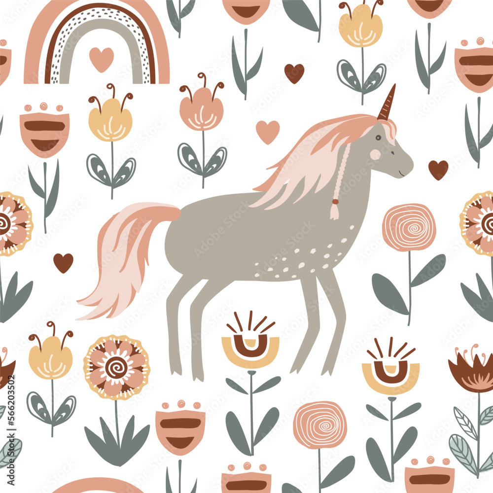 Magic seamless pattern with unicorn among doodle flowers in fairy garden. Vector illustration, Scandinavian style