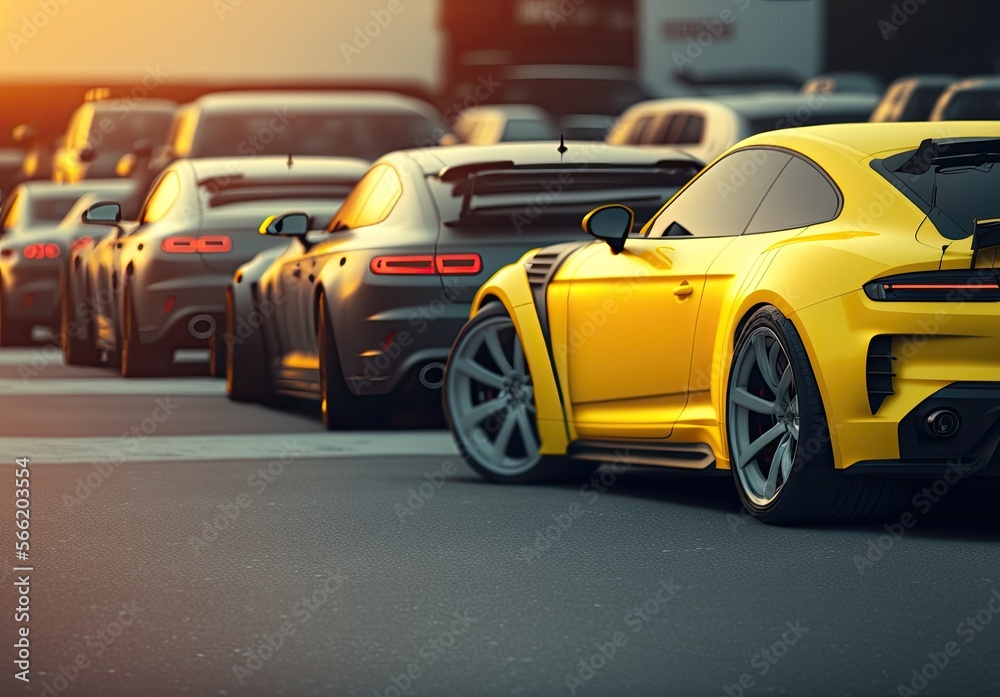 The Lone Yellow Beautiful Sportscar: Standing Out in a Sea of Black, generative ai The Lone Yellow Beautiful Sportscar: Standing Out in a Sea of Black, generative ai