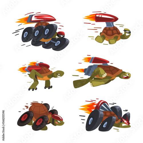 Funny Turtle Riding Fast with Rocket Booster Having Energy Moving Forward Vector Set