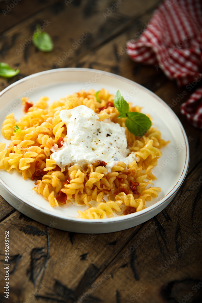 Pasta with tomatoes and fresh cheese Pasta with tomatoes and fresh cheese