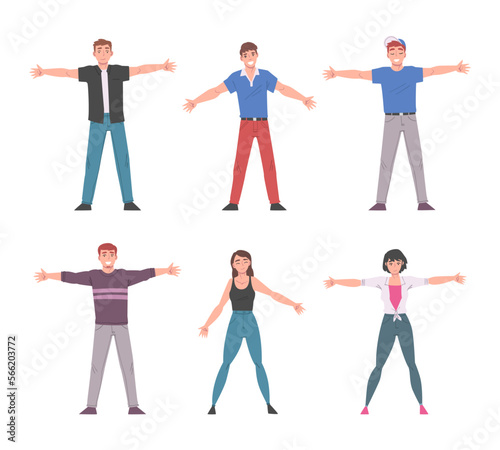 Cheerful Young Man and Woman Standing with Wide Open Arms as Welcome and Solidarity Gesture Vector Set