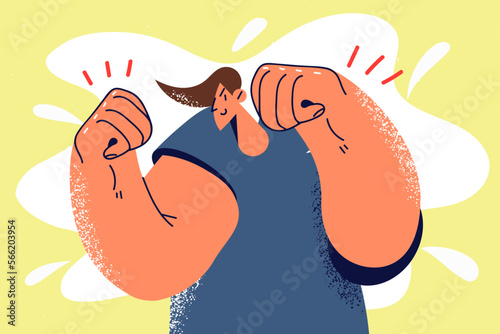 Smiling man show power ready for battle