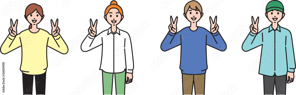 ピースサインでポーズをとる若い男女4人(Four young men and women posing with peace signs) ピースサインでポーズをとる若い男女4人(Four young men and women posing with peace signs)