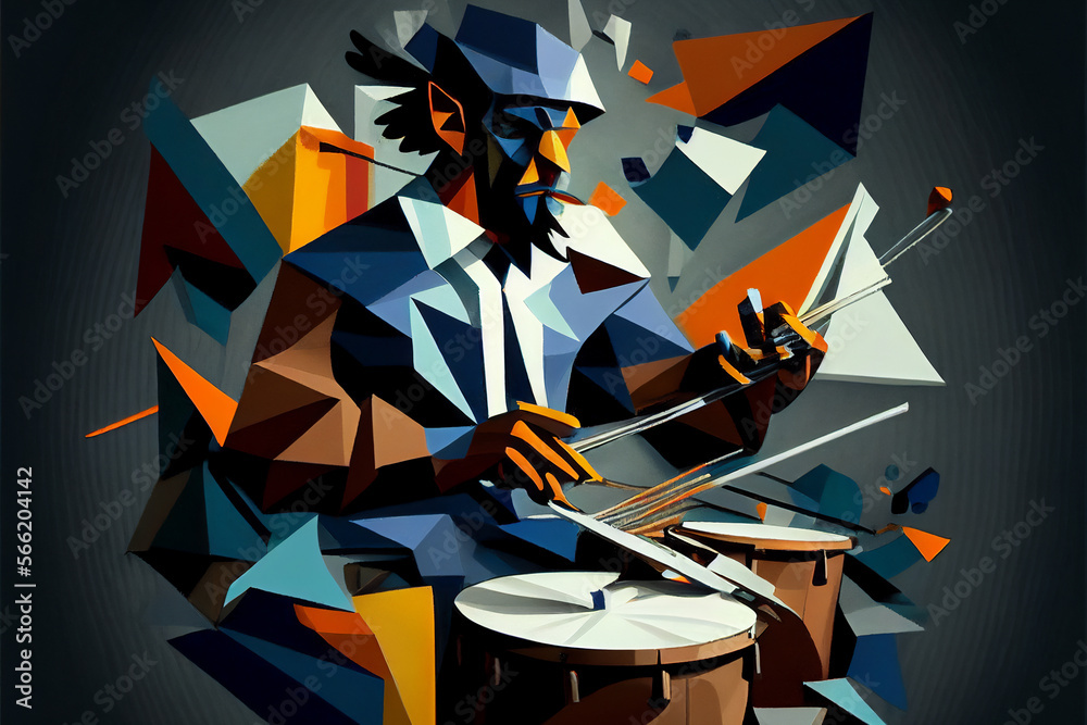 AfroAmerican male jazz musician drummer playing drums in an abstract