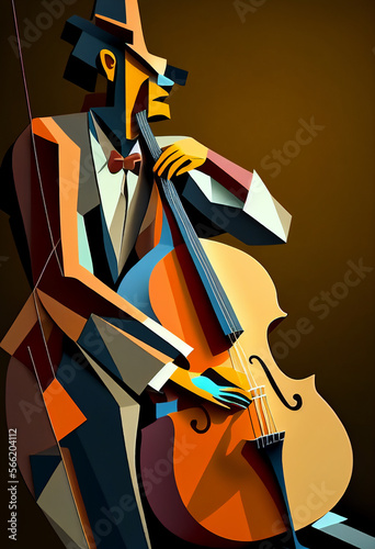 Afro-American male jazz musician bassist playing a double bass in an abstract cubist style painting for a poster or flyer, computer Generative AI stock illustration