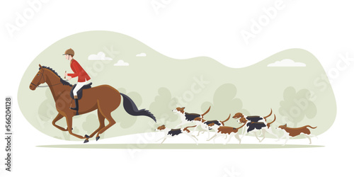 Horse hunting with dogs over cross country, vector illustration photo