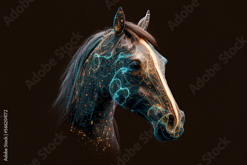 Neural network of a horse with big data and artificial intelligence circuit board in the head of the equine animal, outlining concepts of a digital brain, computer Generative AI stock illustration 