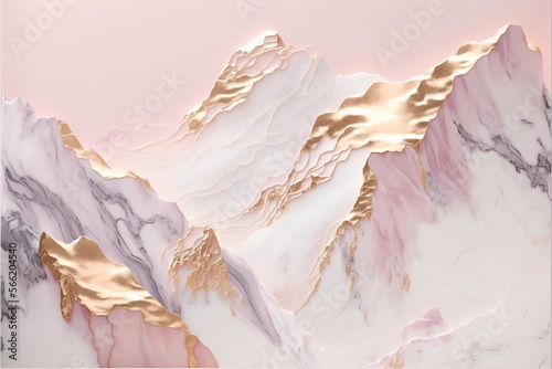 Marble texture landscape. Pink and gold mountains made of marble texture. Generative AI