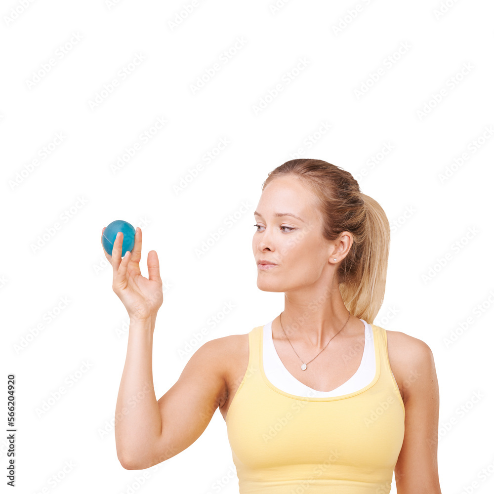 A beautiful young woman spinning a squeezing ball with her fingers isolated on a PNG background. A beautiful young woman spinning a squeezing ball with her fingers isolated on a PNG background.
