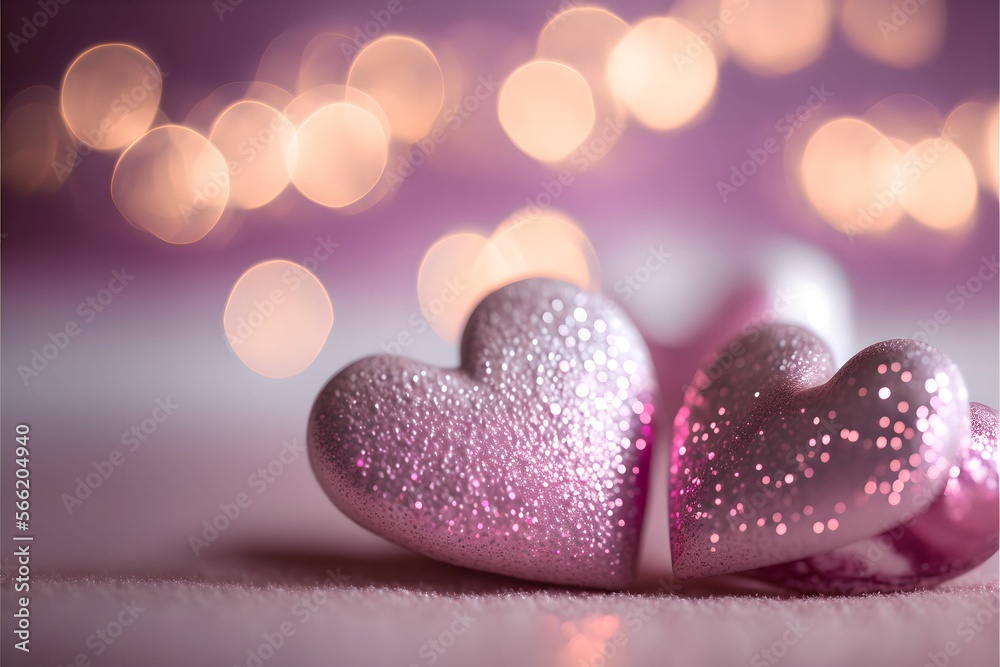 shiny pink hearts bokeh lights abstract background, Generative AI