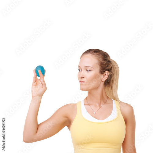 Portrait of a beautiful young woman playing with a squeezing isolated on a PNG background.