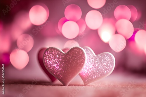 shiny pink hearts bokeh lights abstract background, Generative AI