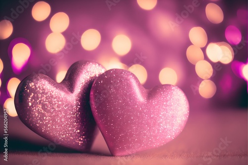 shiny pink hearts bokeh lights abstract background, Generative AI