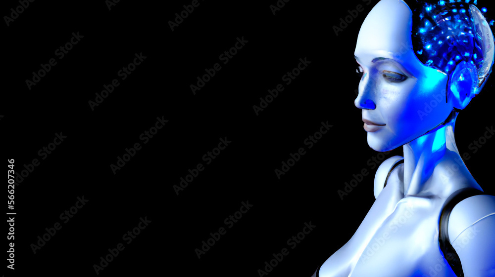 Cyber Girl humanoid robot with artificial intelligence – Generative AI 3D Illustration on black background