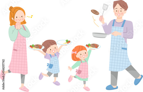 ハンバーグを作る親子のベクターイラスト素材