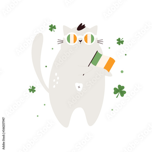 Funny holiday design for St. Patricks Day with a cat in sunglasses with flag of Ireland.