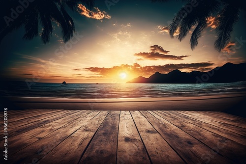 Empty wooden floor with tropical sunset beach background generative ai