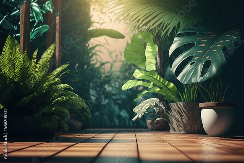 Empty wooden floor with tropical green backgrounds generative ai,