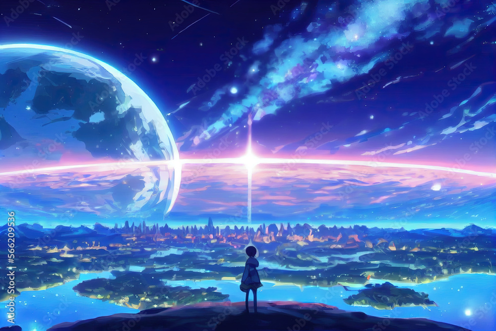 Obraz premium Anime boy dreaming at night