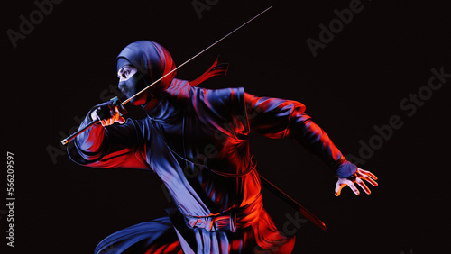 A ninja holding a ninja sword in neon lights. Traditional ninja style. 3D illustration.
