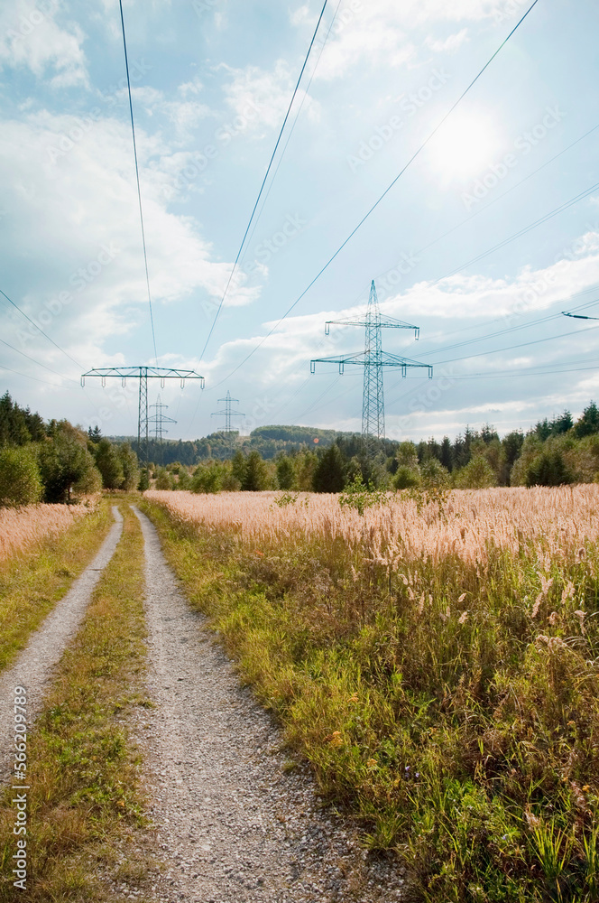View of field with electricity pylon, Germany View of field with electricity pylon, Germany