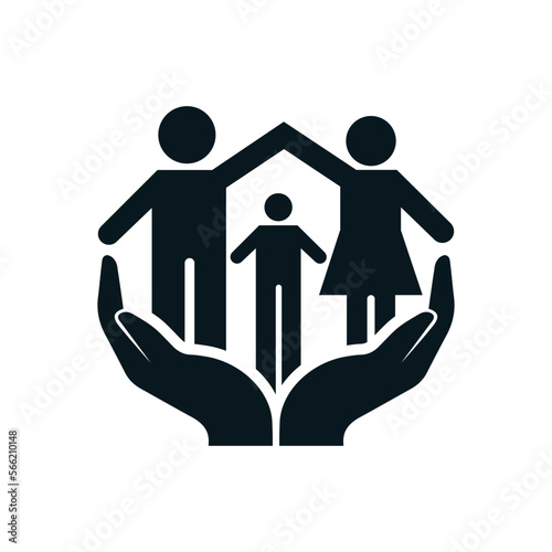 Father and mother protect their son hold up hands. Family care icon design. Two hands hold up .