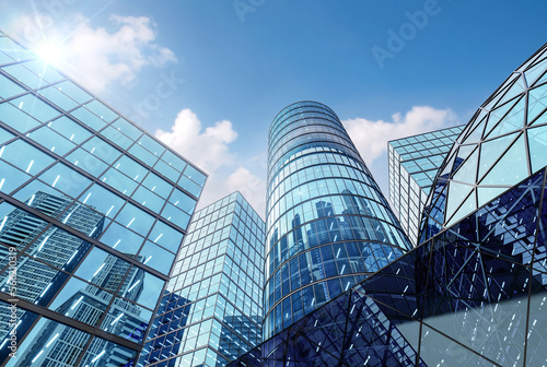 Modern style hi rise blue glass building exterior with sunny blue sky background 3d render for future business headquarter digital smart city concept