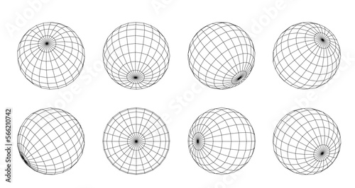Wireframe sphere with connected lines isolated PNG. Abstract grid globes in different positions. 3d design technology style