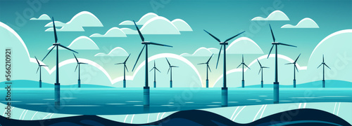 offshore wind farm with turbines in sea or ocean renewable water station energy production alternative power generation
