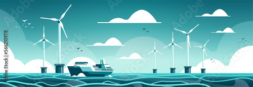 offshore wind farm with turbines and ship in sea or ocean renewable water station energy production alternative power generation