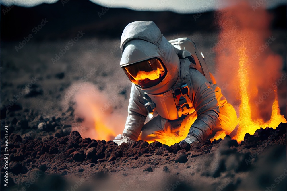 volcanologist in silver hazmat suit, explosions of lava. Volcano. Ai