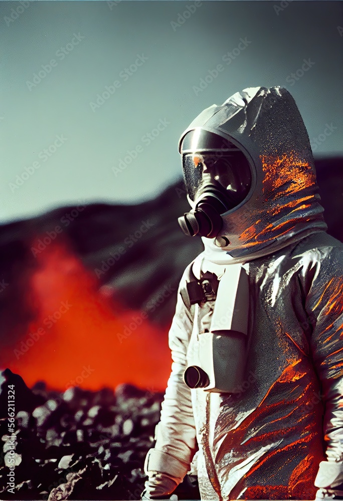 volcanologist in silver hazmat suit, explosions of lava. Volcano. Ai