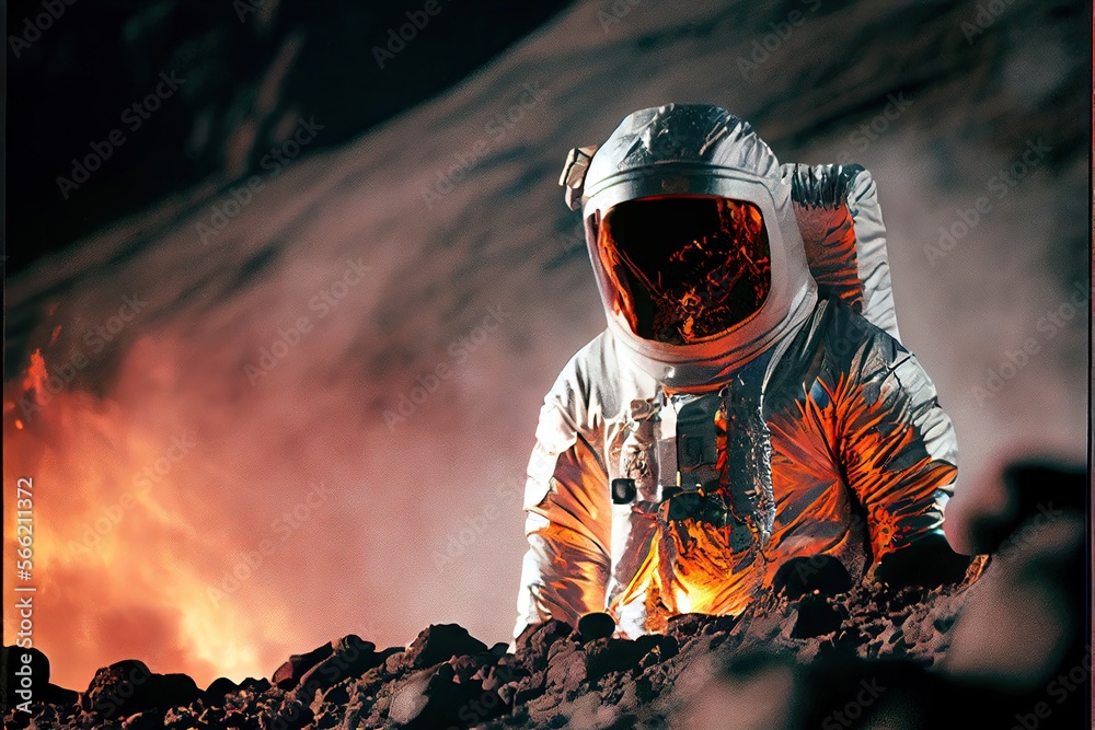 volcanologist in silver hazmat suit, explosions of lava. Volcano. Ai