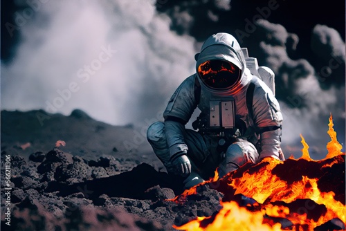 volcanologist in silver hazmat suit,  explosions of lava. Volcano. Ai Generative photo