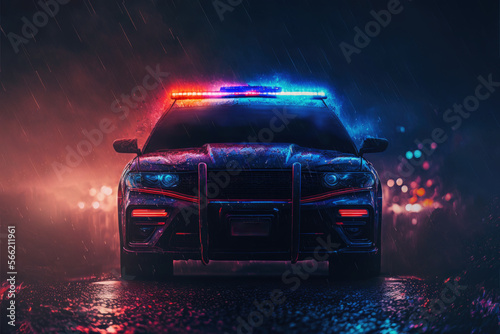 police car lights in city at night. generative ai